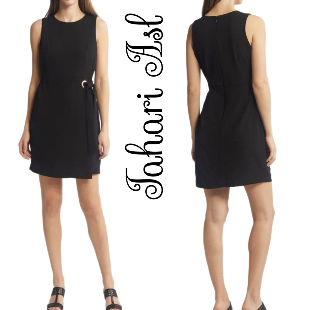 Tahari Asl Womens Black Grommet Side Tie Dress Sz 6 Sleeveless Crepe Career*